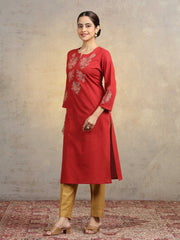 Rust Pure Cotton Floral Embroidered Straight Kurta