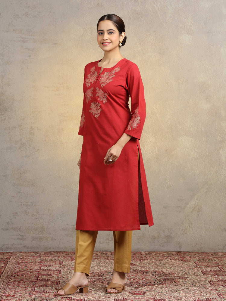 Rust Pure Cotton Floral Embroidered Straight Kurta