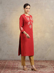 Rust Pure Cotton Floral Embroidered Straight Kurta