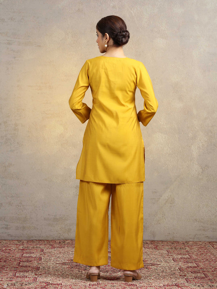 Yellow Floral Embroidered Straight Kurta & Palazzo Pants Co-Ord Set