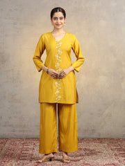 Yellow Floral Embroidered Straight Kurta & Palazzo Pants Co-Ord Set
