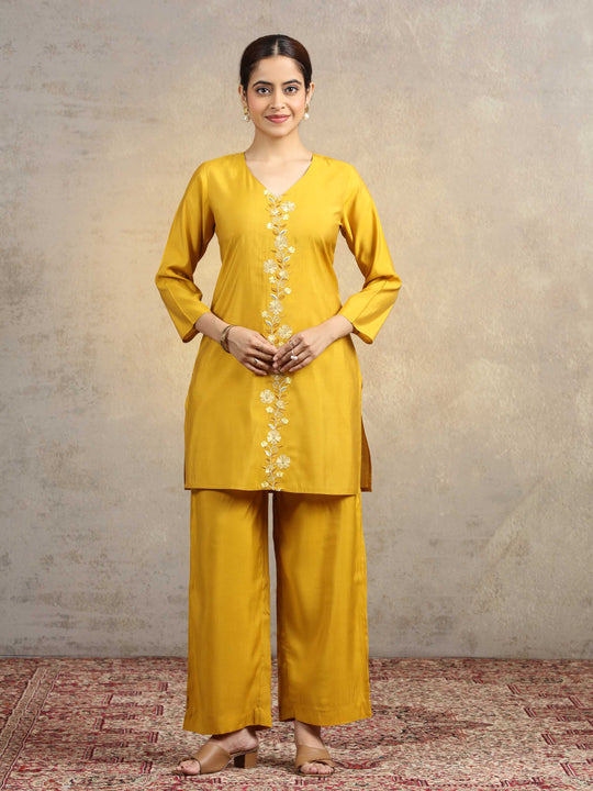 Yellow Floral Embroidered Straight Kurta & Palazzo Pants Co-Ord Set