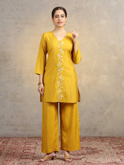 Yellow Floral Embroidered Straight Kurta & Palazzo Pants Co-Ord Set