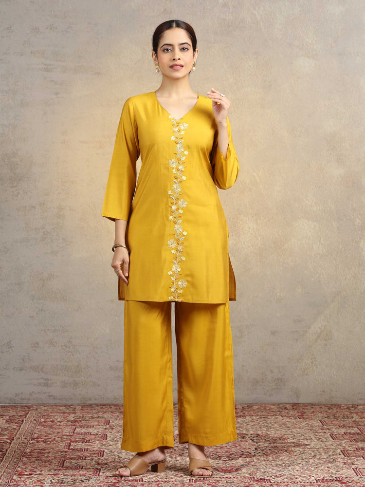 Yellow Floral Embroidered Straight Kurta & Palazzo Pants Co-Ord Set