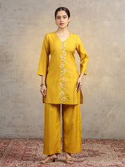Yellow Floral Embroidered Straight Kurta & Palazzo Pants Co-Ord Set