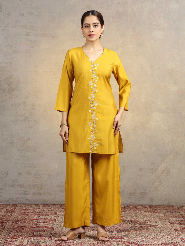 Yellow Floral Embroidered Straight Kurta & Palazzo Pants Co-Ord Set