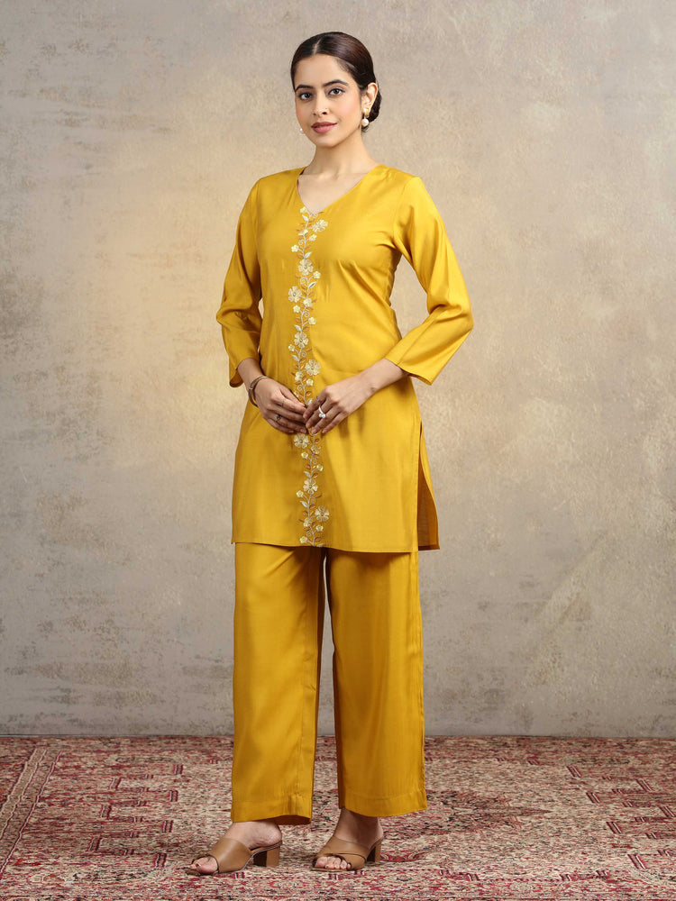 Yellow Floral Embroidered Straight Kurta & Palazzo Pants Co-Ord Set