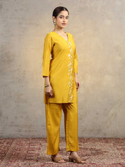 Yellow Floral Embroidered Straight Kurta & Palazzo Pants Co-Ord Set