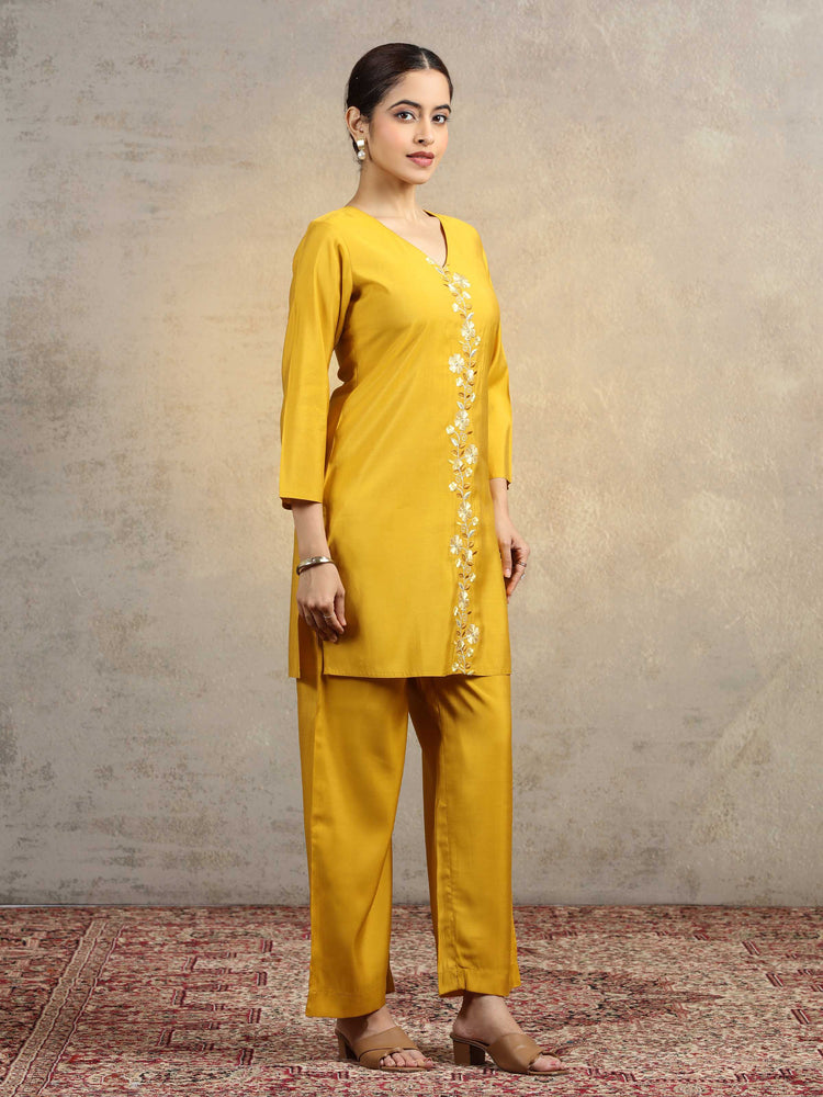 Yellow Floral Embroidered Straight Kurta & Palazzo Pants Co-Ord Set
