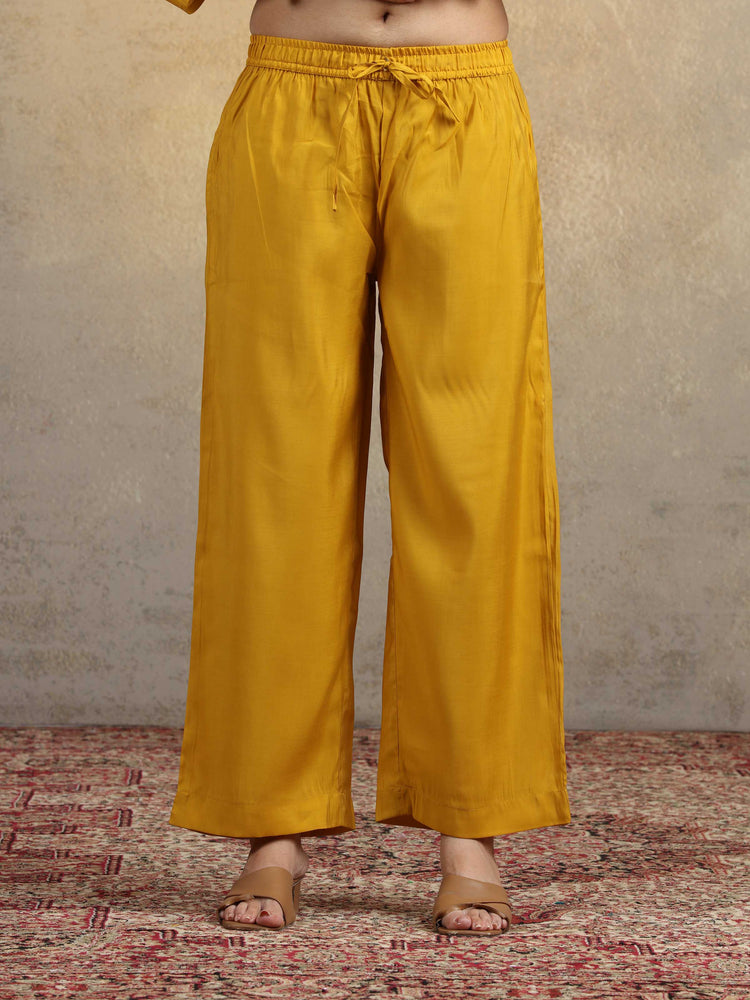 Yellow Floral Embroidered Straight Kurta & Palazzo Pants Co-Ord Set