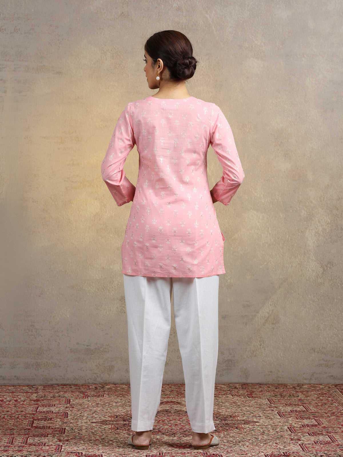 Baby Pink Pure Cotton Embroidered Bootis Straight Short Kurti