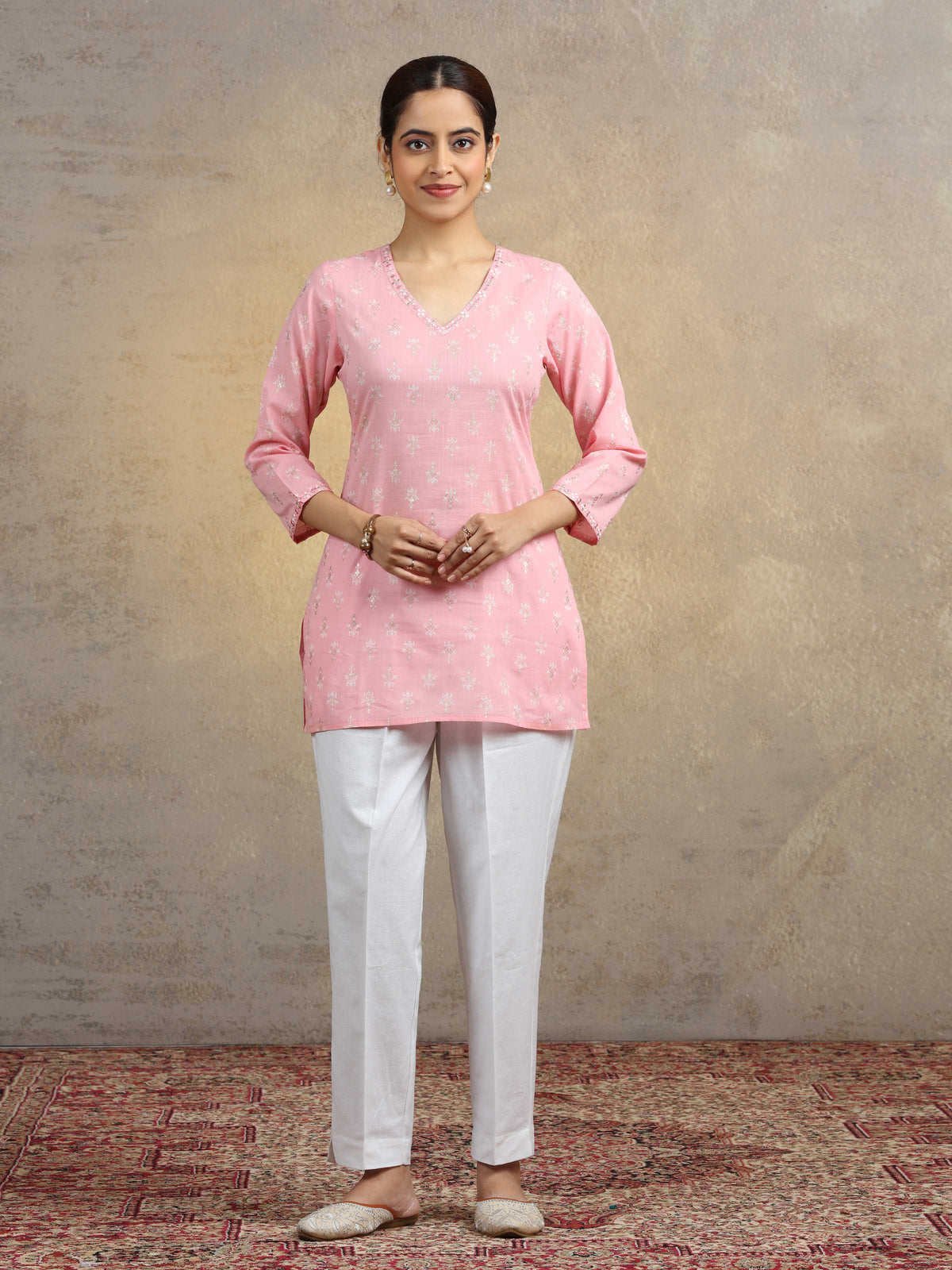 Baby Pink Pure Cotton Embroidered Bootis Straight Short Kurti