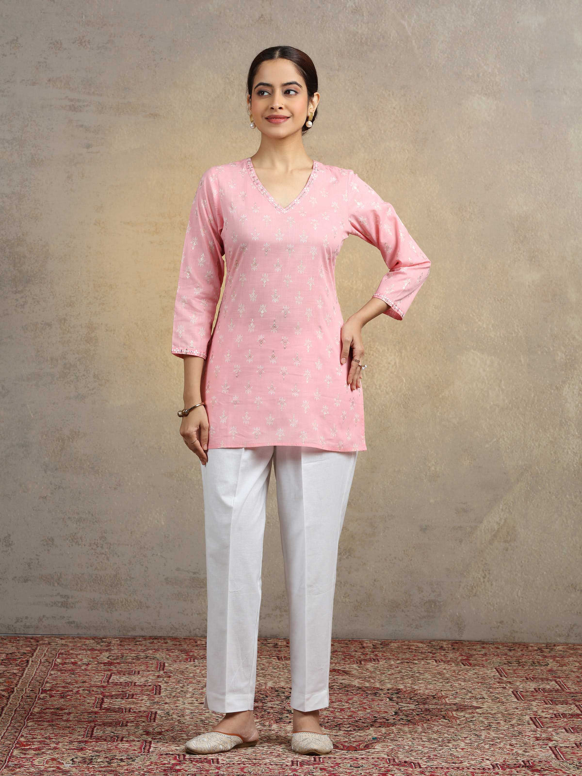 Baby Pink Pure Cotton Embroidered Bootis Straight Short Kurti