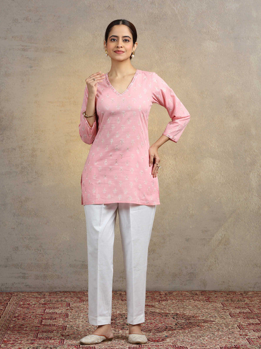 Baby Pink Pure Cotton Embroidered Bootis Straight Short Kurti