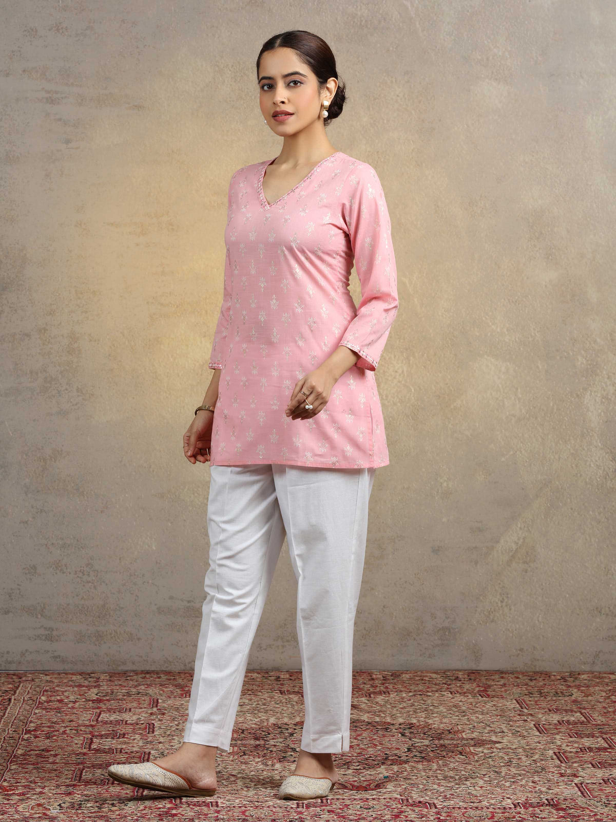 Baby Pink Pure Cotton Embroidered Bootis Straight Short Kurti