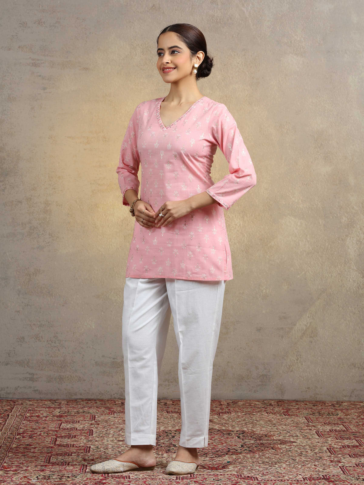 Baby Pink Pure Cotton Embroidered Bootis Straight Short Kurti