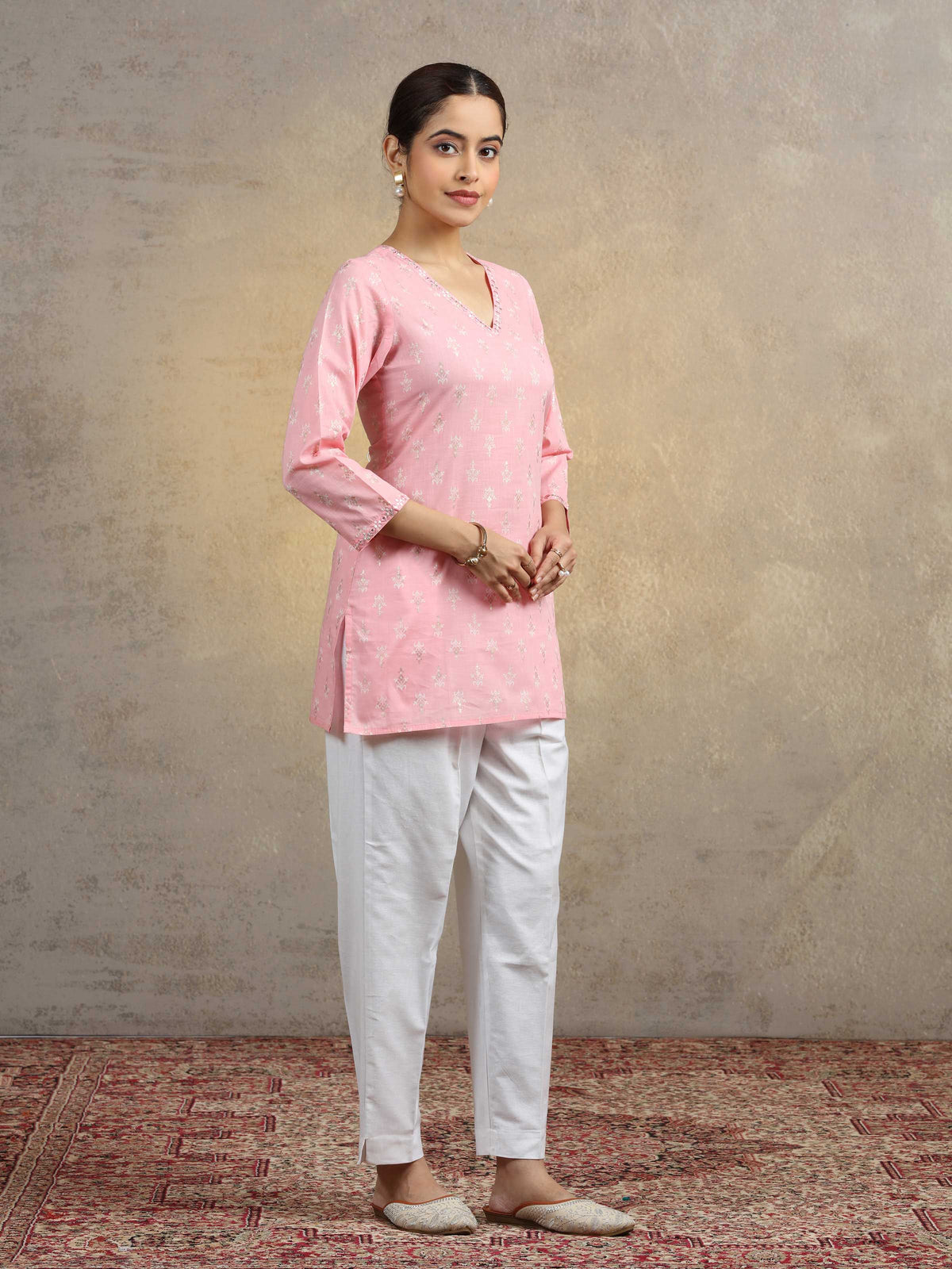 Baby Pink Pure Cotton Embroidered Bootis Straight Short Kurti