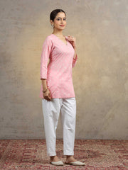 Baby Pink Pure Cotton Embroidered Bootis Straight Short Kurti