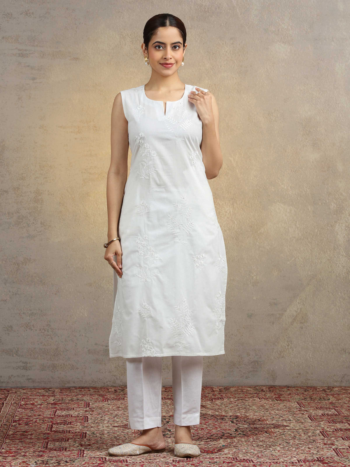 Pure White Pure Cotton Embroidered Straight Kurta