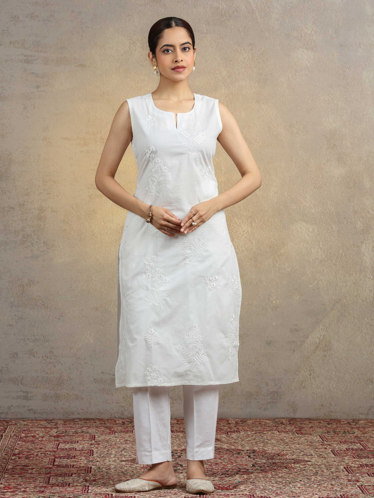 Pure White Pure Cotton Embroidered Straight Kurta