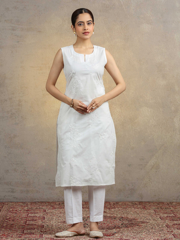 Pure White Pure Cotton Embroidered Straight Kurta