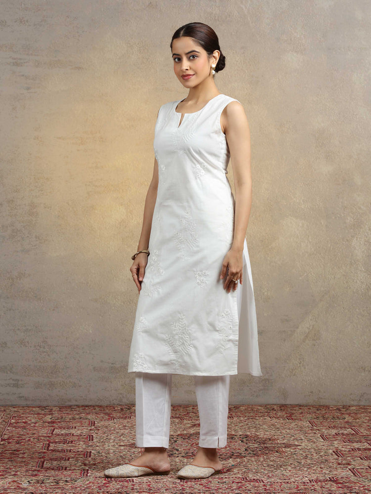 Pure White Pure Cotton Embroidered Straight Kurta