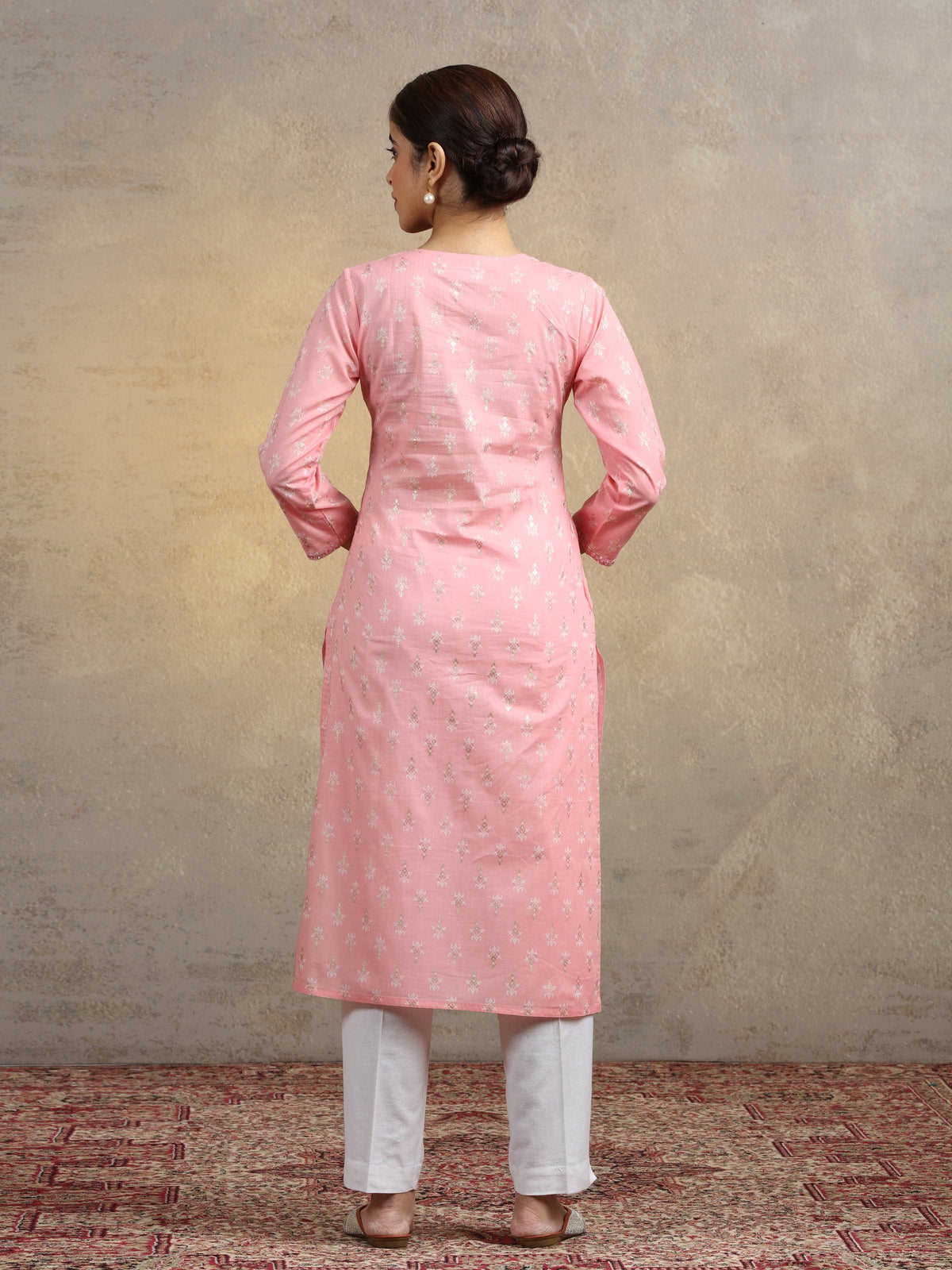 Baby Pink Pure Cotton Embroidered Bootis Straight Kurta