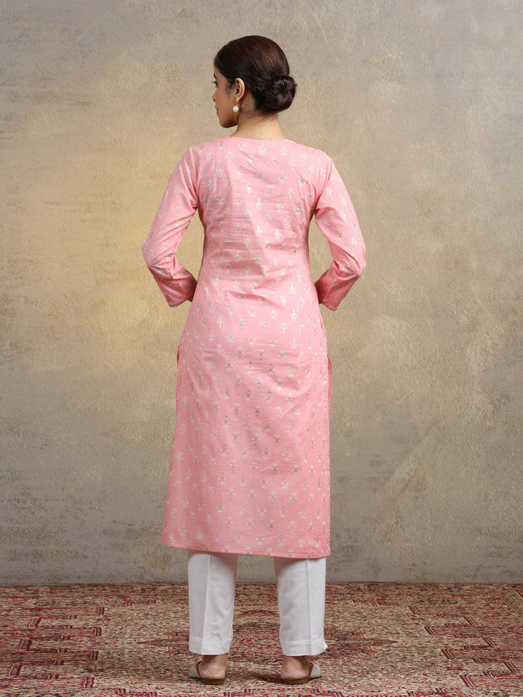 Baby Pink Pure Cotton Embroidered Bootis Straight Kurta