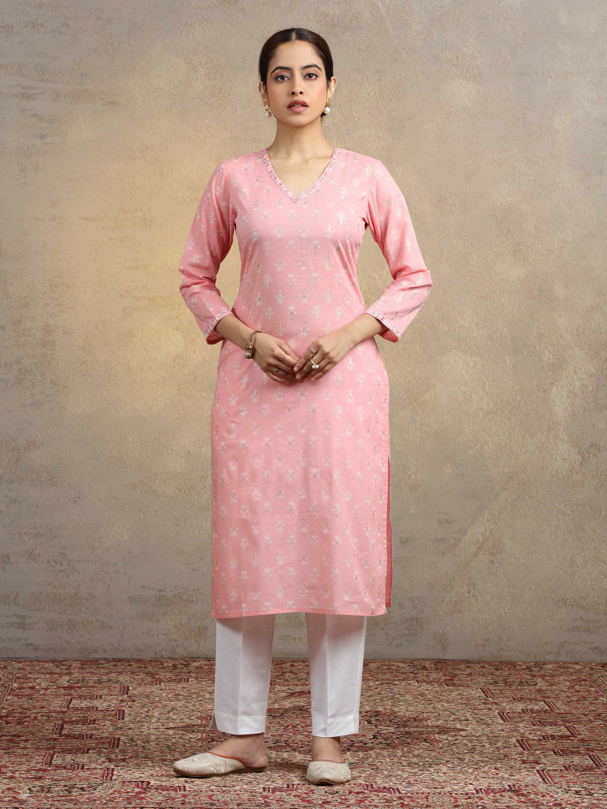 Baby Pink Pure Cotton Embroidered Bootis Straight Kurta