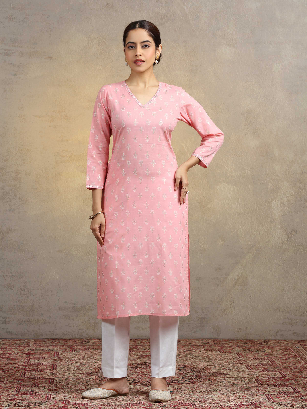 Baby Pink Pure Cotton Embroidered Bootis Straight Kurta