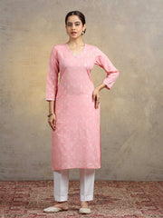 Baby Pink Pure Cotton Embroidered Bootis Straight Kurta