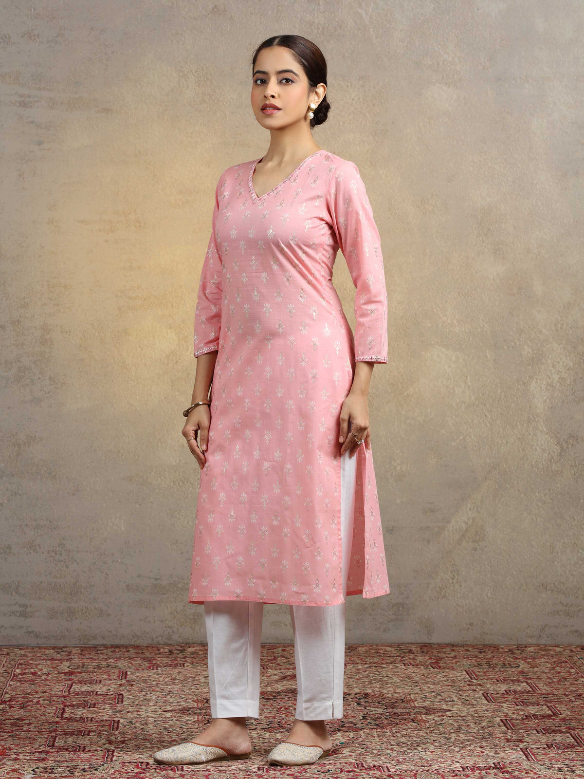 Baby Pink Pure Cotton Embroidered Bootis Straight Kurta