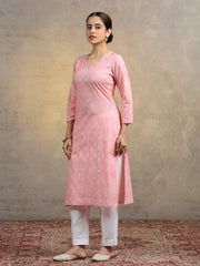 Baby Pink Pure Cotton Embroidered Bootis Straight Kurta