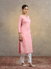 Baby Pink Pure Cotton Embroidered Bootis Straight Kurta