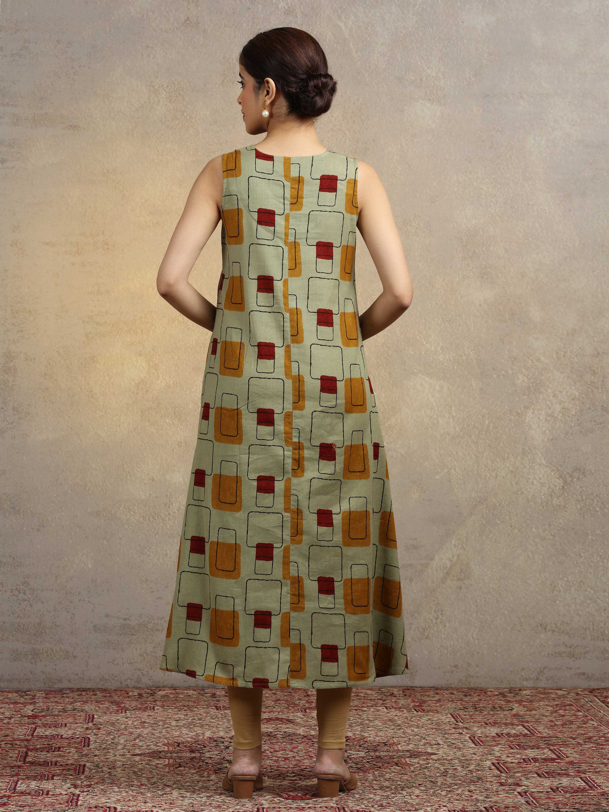 Sage Green Geometric Print A-Line Pure Cotton Kurta
