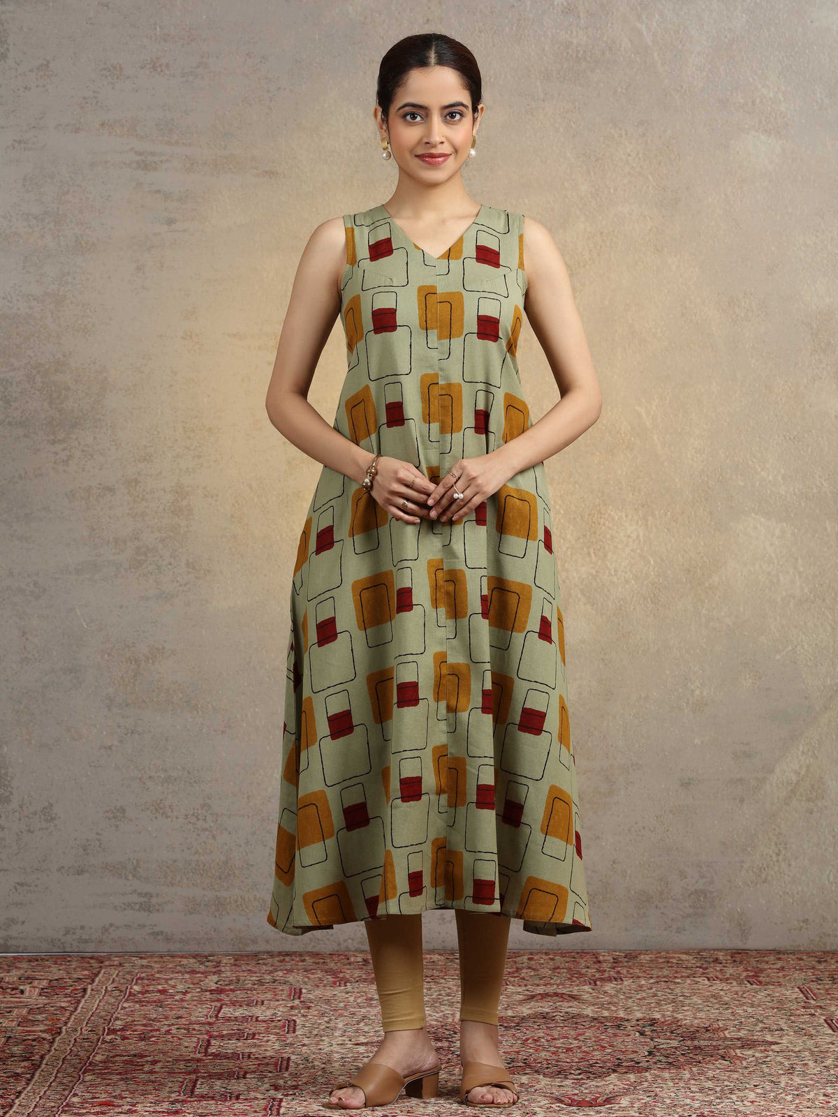 Sage Green Geometric Print A-Line Pure Cotton Kurta