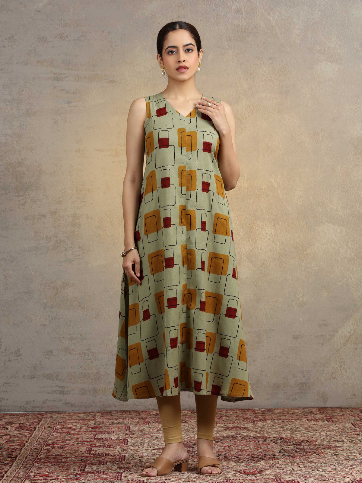 Sage Green Geometric Print A-Line Pure Cotton Kurta