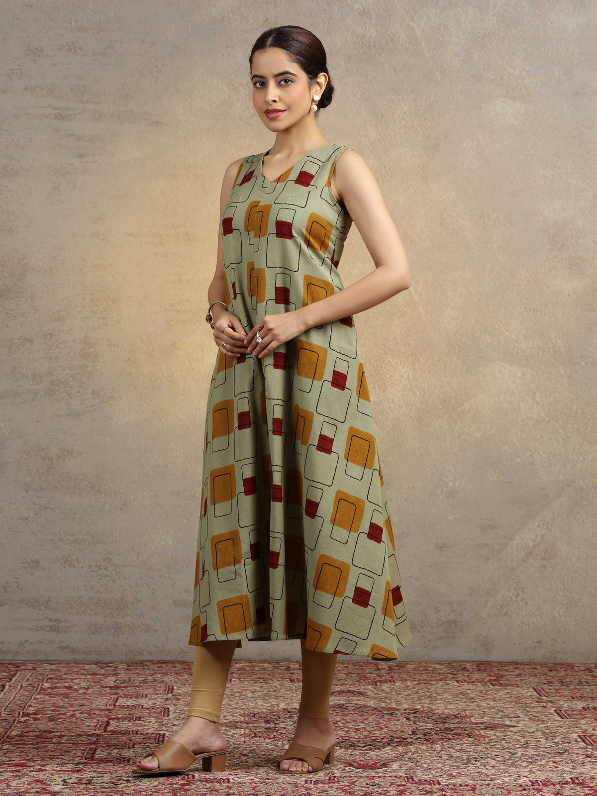 Sage Green Geometric Print A-Line Pure Cotton Kurta