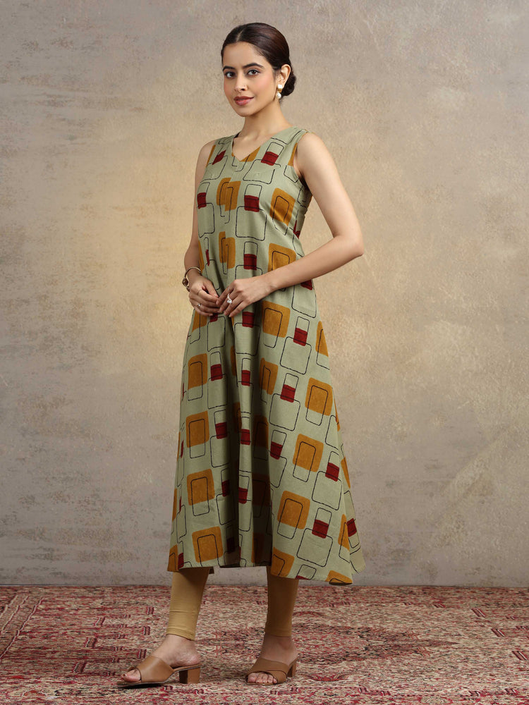 Sage Green Geometric Print A-Line Pure Cotton Kurta