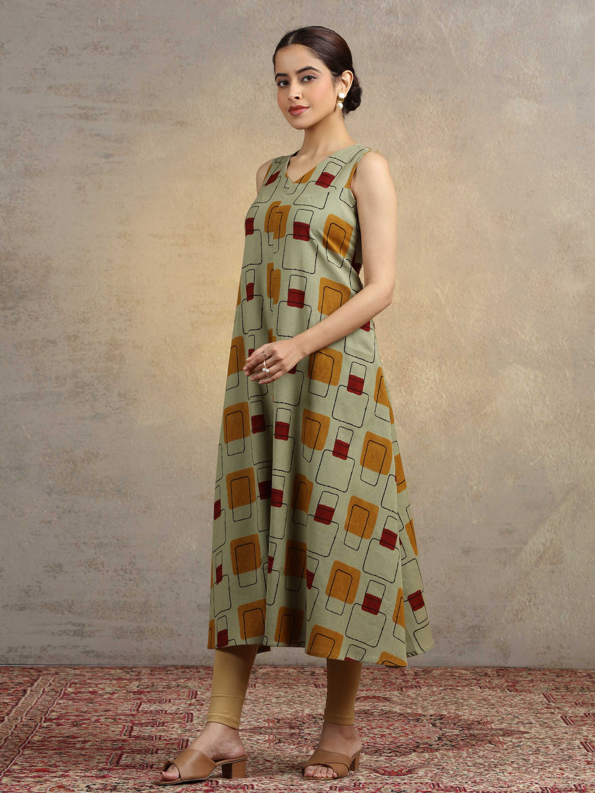 Sage Green Geometric Print A-Line Pure Cotton Kurta