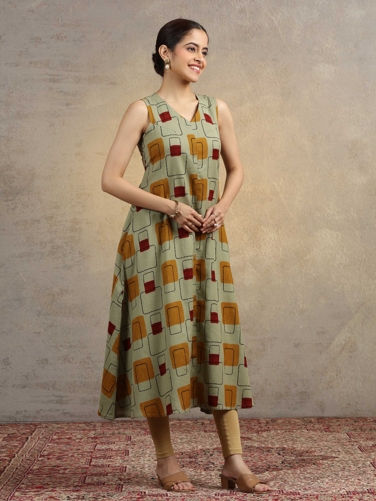 Sage Green Geometric Print A-Line Pure Cotton Kurta