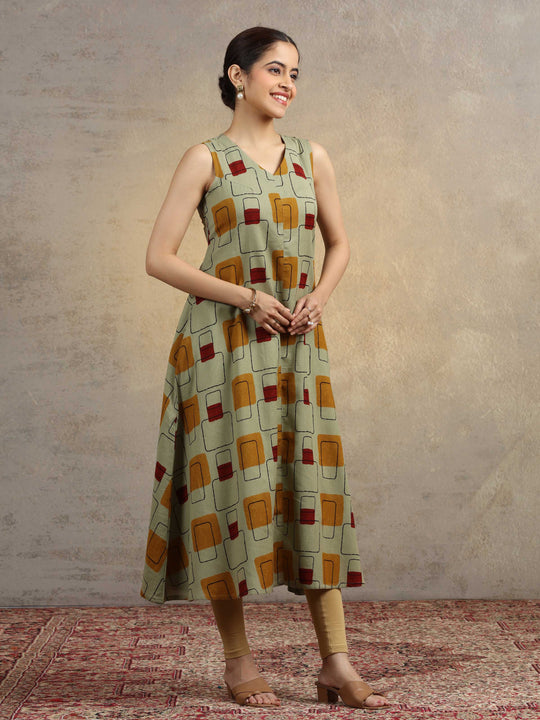 Sage Green Geometric Print A-Line Pure Cotton Kurta