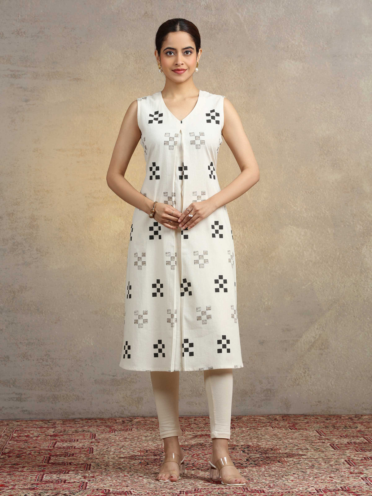 Off White Geometric Printed Cotton A-Line Kurta