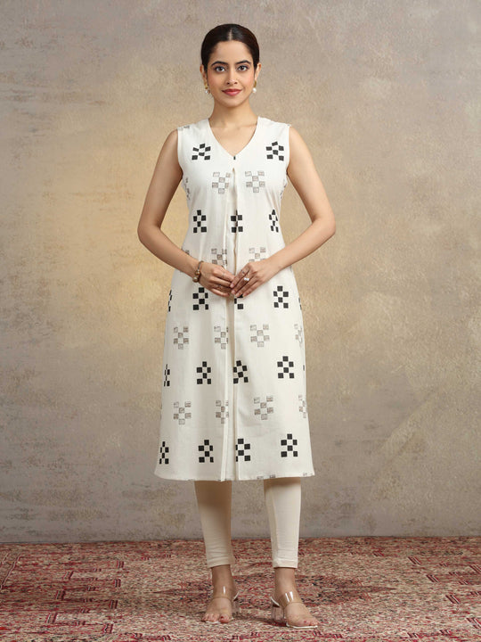 Off White Geometric Printed Cotton A-Line Kurta