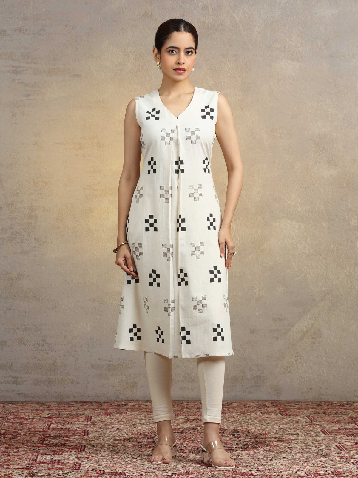 Off White Geometric Printed Cotton A-Line Kurta