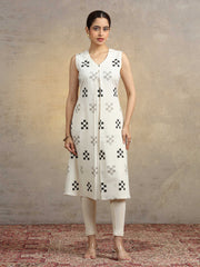 Off White Geometric Printed Cotton A-Line Kurta