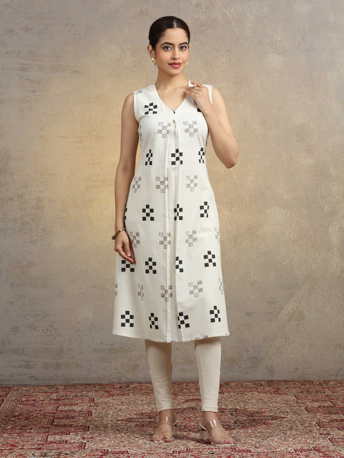 Off White Geometric Printed Cotton A-Line Kurta