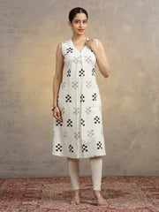 Off White Geometric Printed Cotton A-Line Kurta
