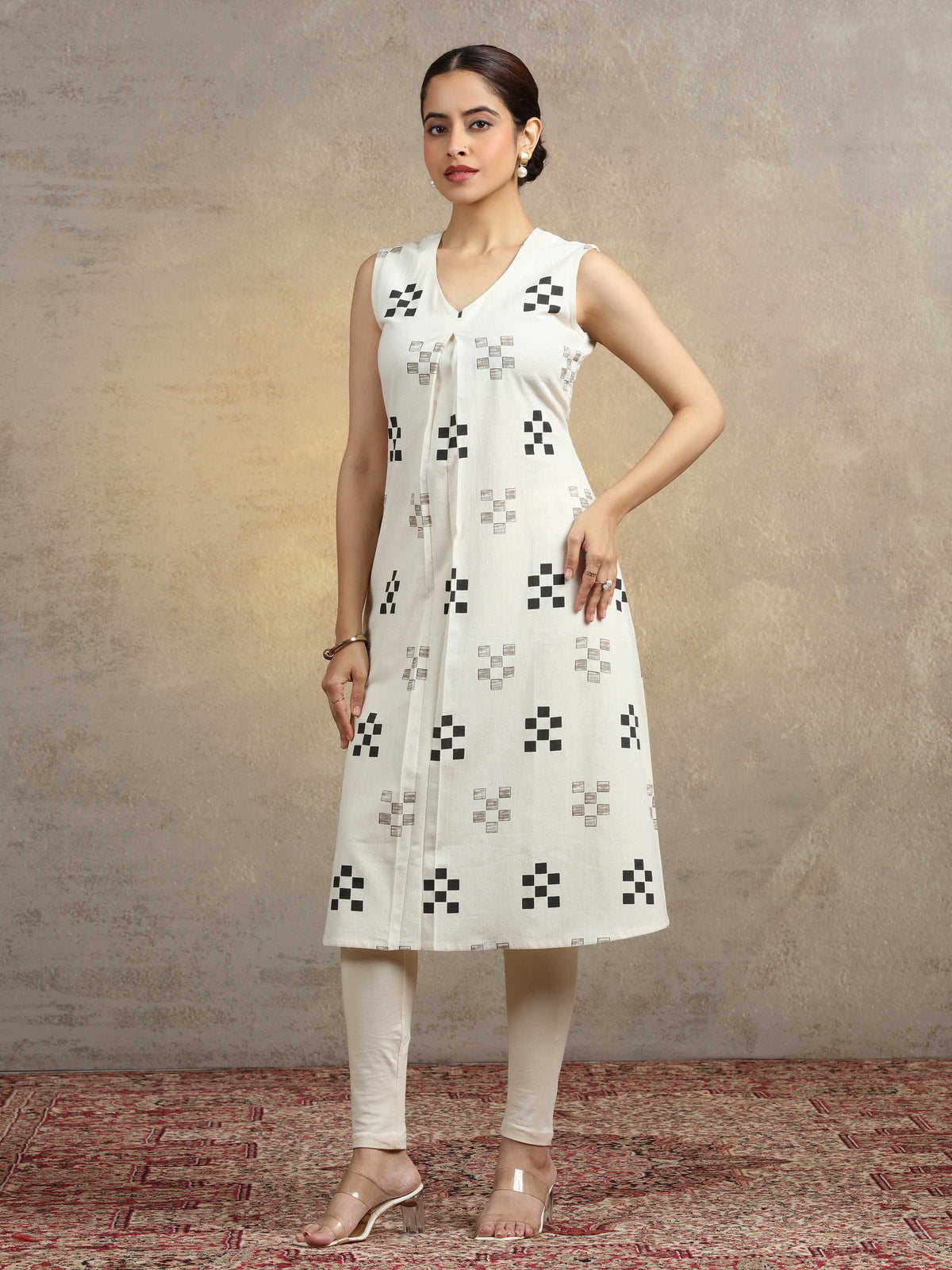 Off White Geometric Printed Cotton A-Line Kurta