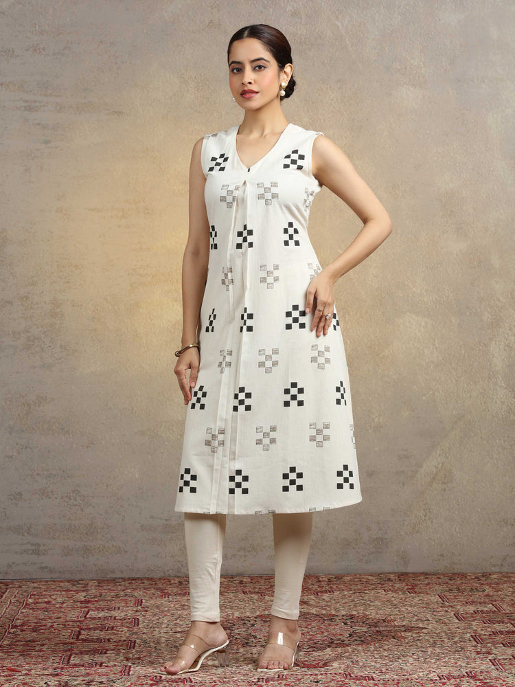 Off White Geometric Printed Cotton A-Line Kurta